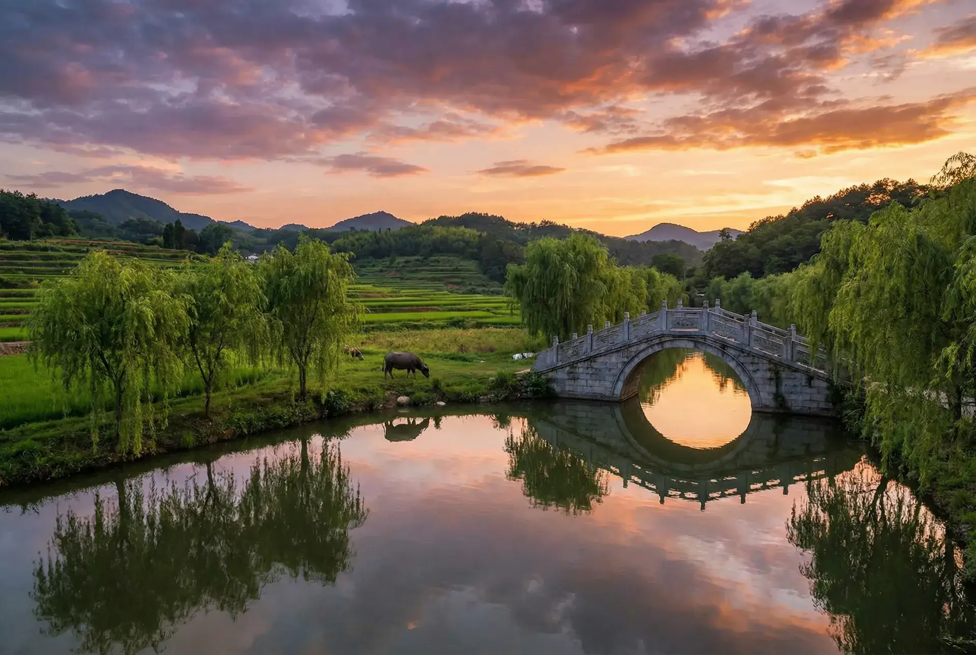 夕阳下的石拱桥与垂柳，水牛在河边吃草 - 学长的手指在里面转动的写作业呢 乡村美景
